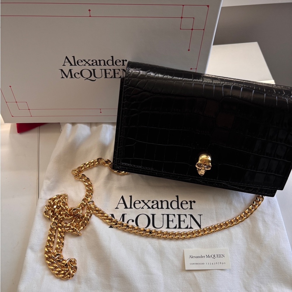 Alexander McQueen Black Croc-Embossed Leather Crossbody with Gold Chain